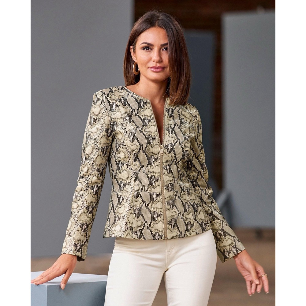 NEW BOSTON PROPER Faux Leather Python Print Collarless Peplum Jacket Size Med